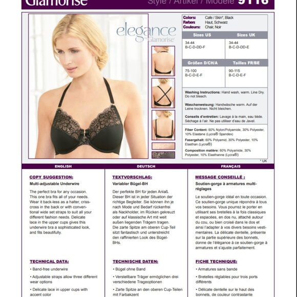 Set of 3! 36B Glamorise ELEGANCE Bra (3-Way CONVERTIBLE-STRAPS) Lace BLACK NEW - Picture 10 of 15